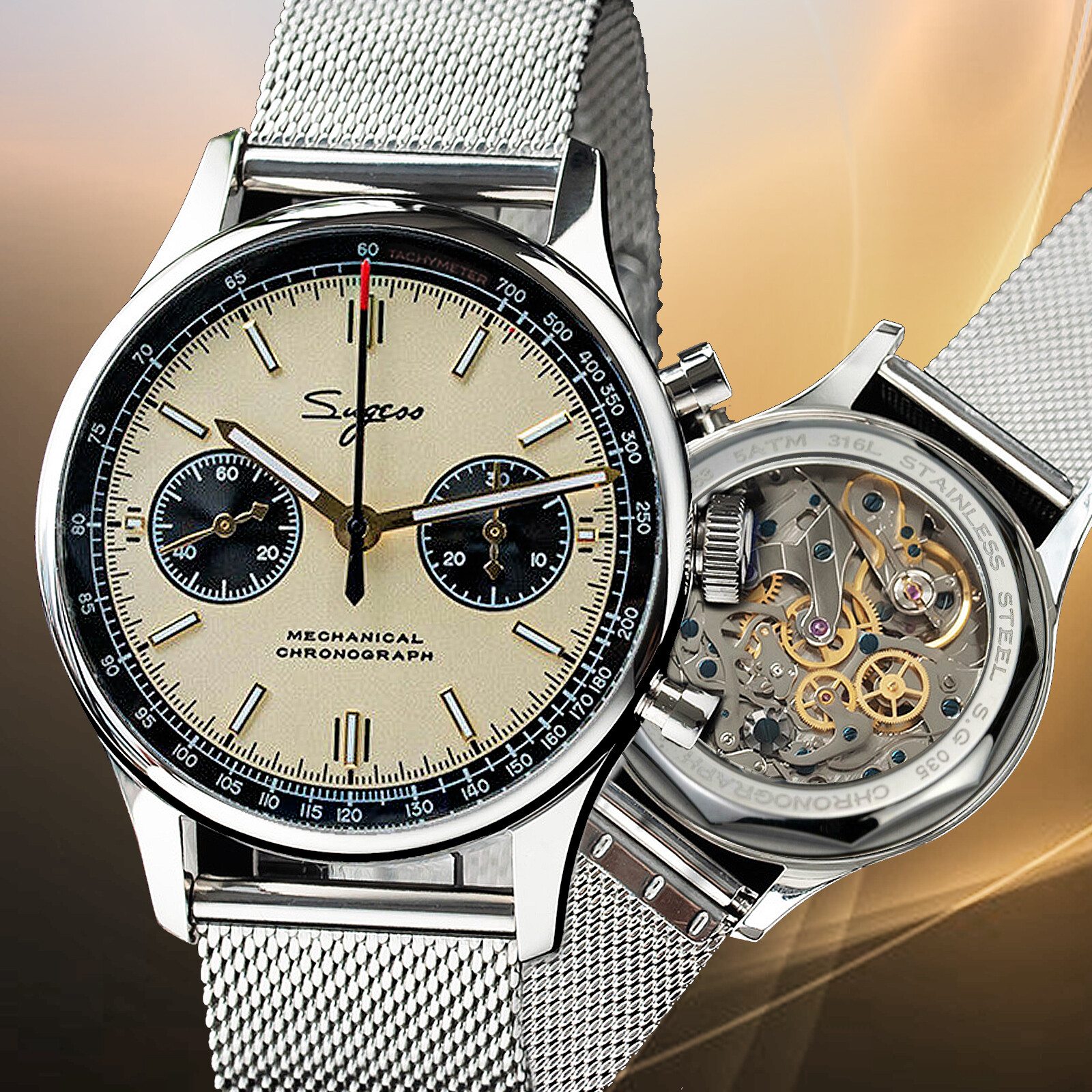 Pre-owned Sugess Chrono Hertiage Swanneck Milan Mesh Chrono Watch Seagull 1963 Supank020sn