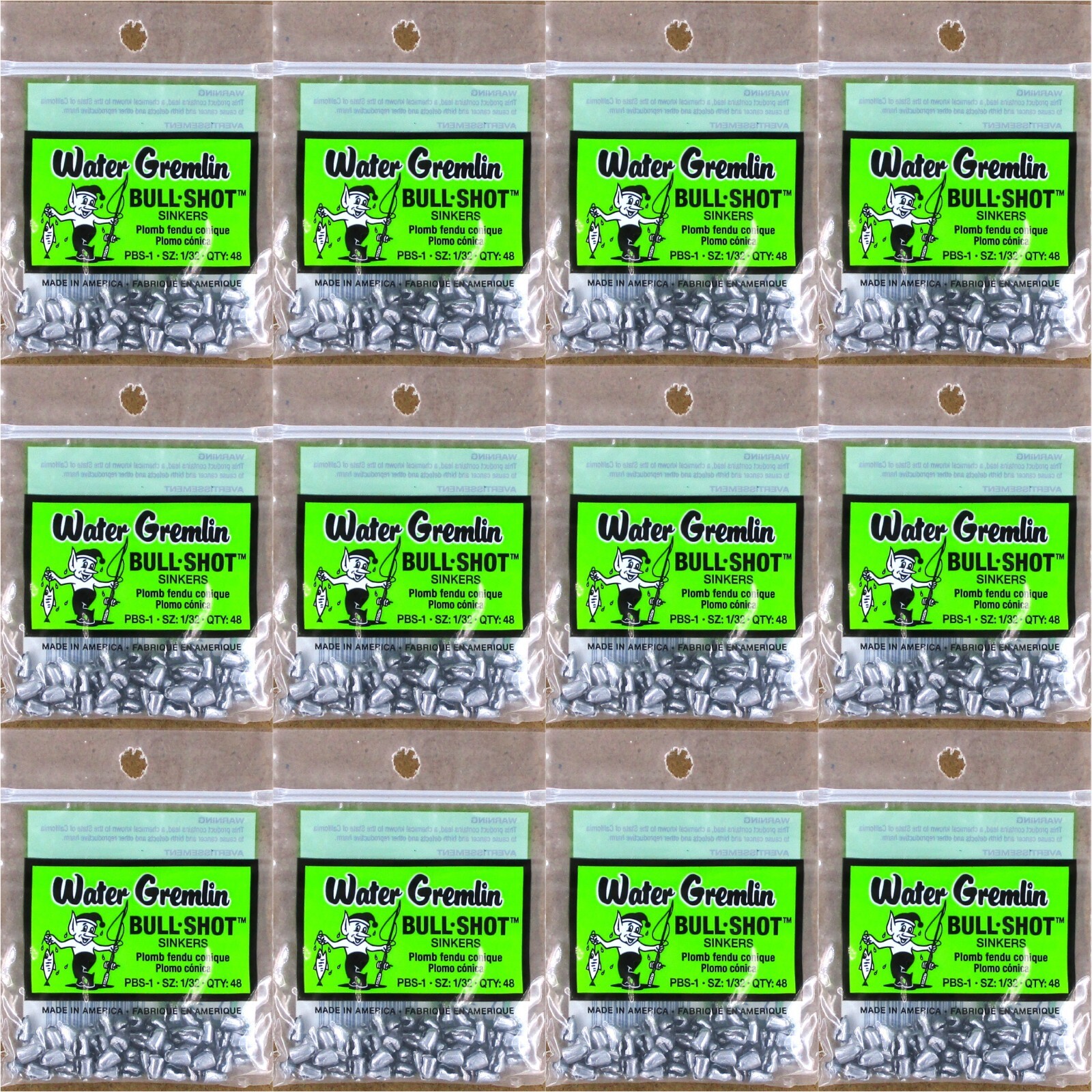 12) Packs Water Gremlin Bullet Shaped 1/32 Oz Split-Shot