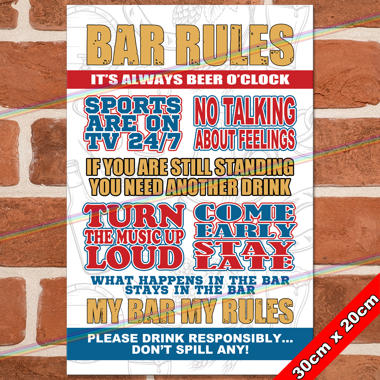 BAR RULES 30cm Metal Signs Man Cave Shed Bar Pub Garage Gift Funny Tin Sign UK