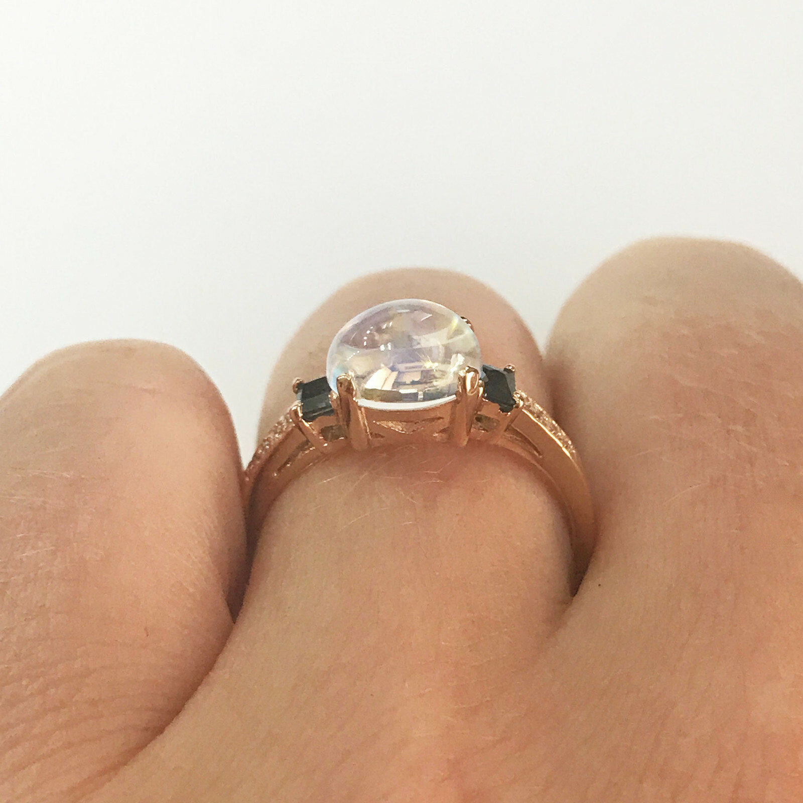 Pre-owned Jewelry By Arsa 2.65 Ctw Natural Moonstone, Sapphire & Diamond Solid 14k Rose Gold 3 Stone Ring In White