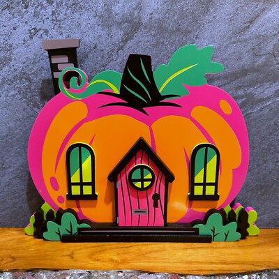 Target 2024 Hyde and Eek Neon Wood Halloween Mini Mantle Decor 9  PUMPKIN HOUSE