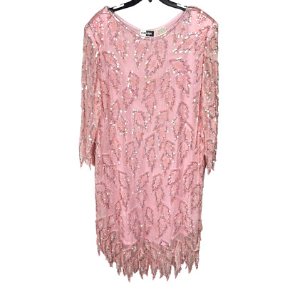 Vintage Carina Pure Silk Dress Size 3X Pink Sequin Beaded 80s Long Sleeve Disco