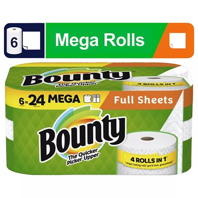 Free Shipping! Bounty 6 Mega Rolls, White Full Sheet Paper Towels , NEW