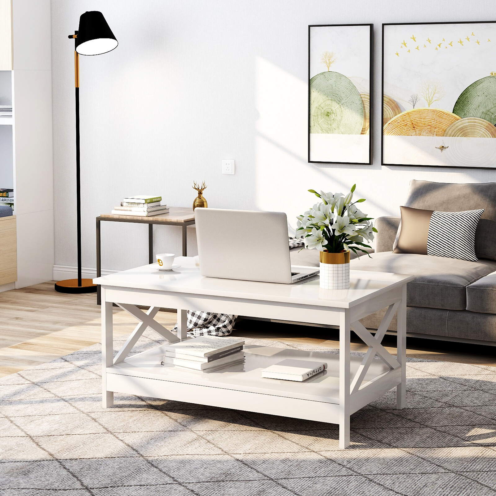 Rechteck Couchtisch Beistelltisch mit Lagerregal Weiß Hochglanz