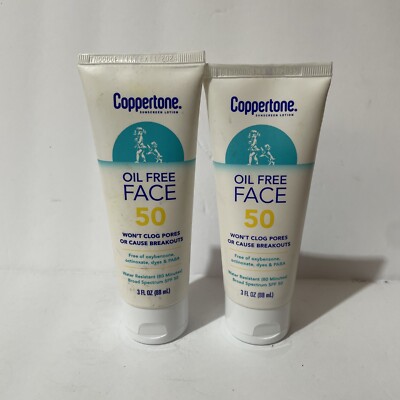 (2) Coppertone Face Sunscreen SPF 50, Oil Free, Water Resistant, 3 oz Exp 11/24