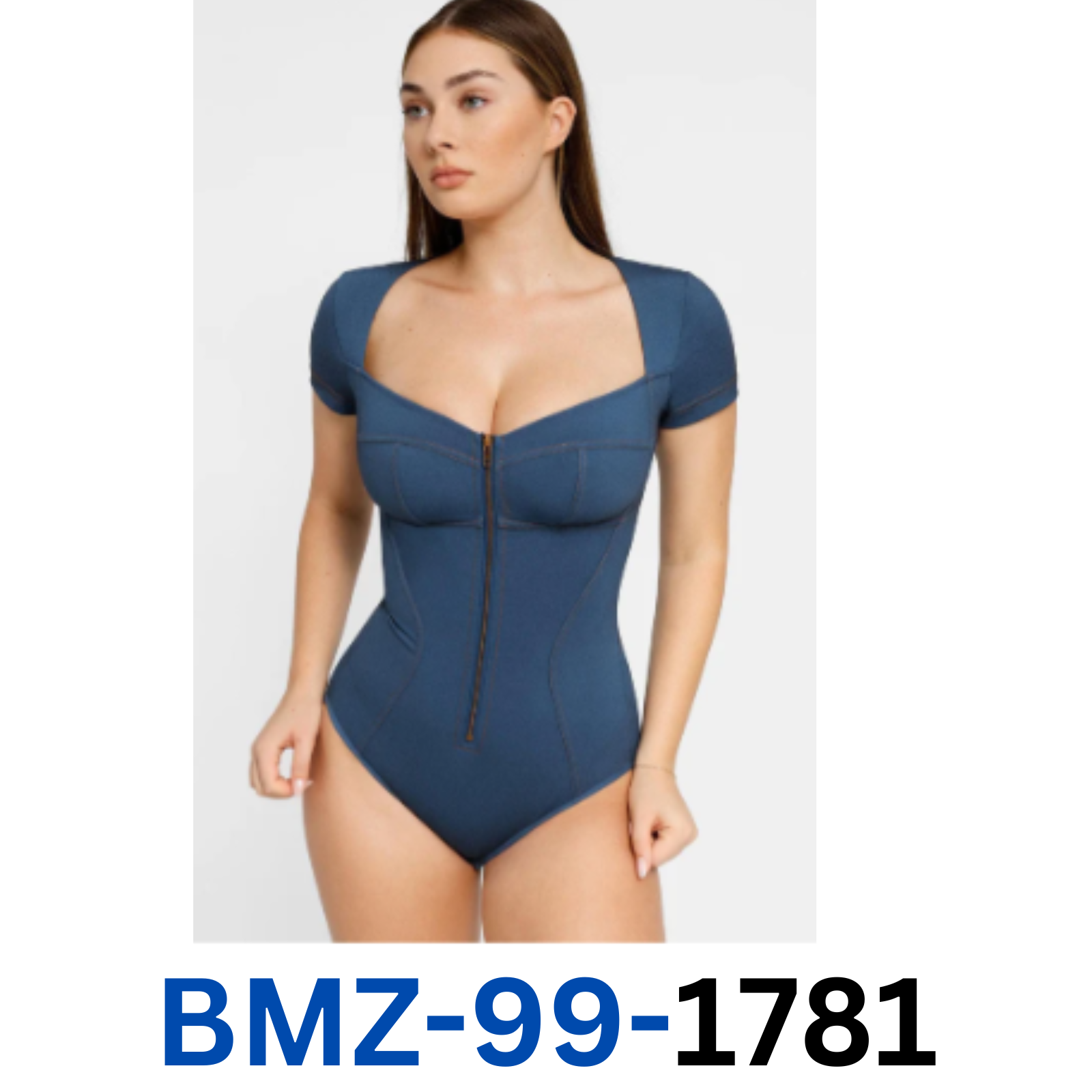 Popilush Black Denim Shapewear Neck Bodycon Thong Bodysuit Short Sleeve Blue XL