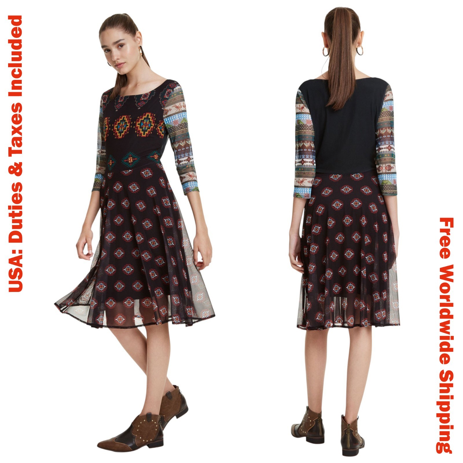 Desigual Womens Multicolor 3/4 Sleeve Midi Charo Dress Size M
