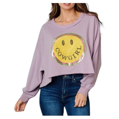 Peach Love NWOT Women s Cropped Sequin  Cowgirl  Graphic Sweatshirt Purple Small