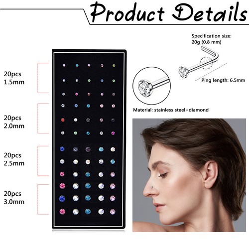 60Pcs 20G L-Shaped CZ Nose Rings Bone Stud Stainless Steel Body Piercing Jewelry