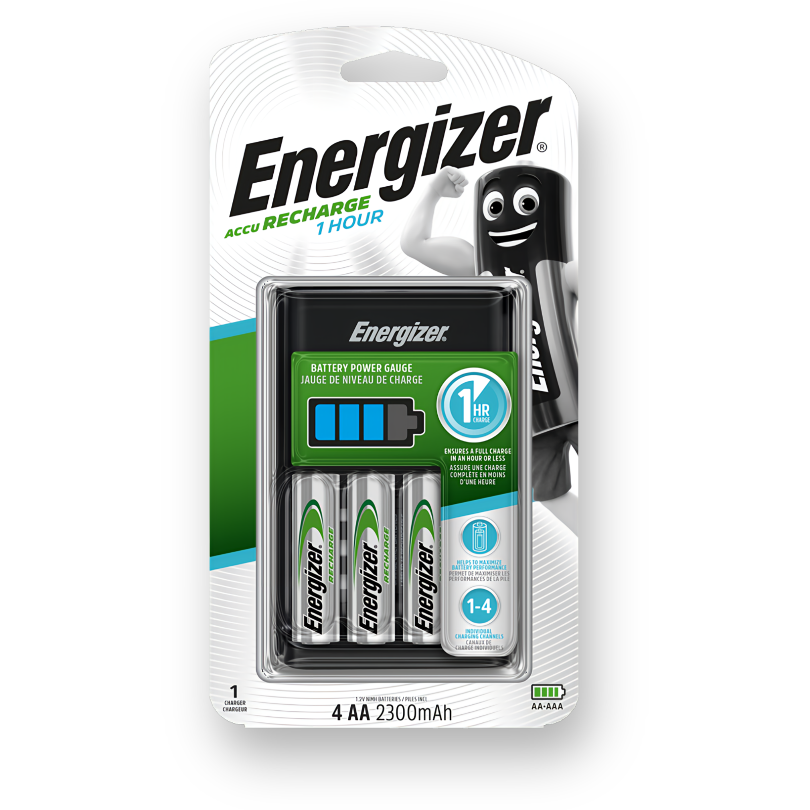 ENERGIZER 1 Hour USB Battery Charger Inc 4 x AA 2300mAh Rechargeable Batteries