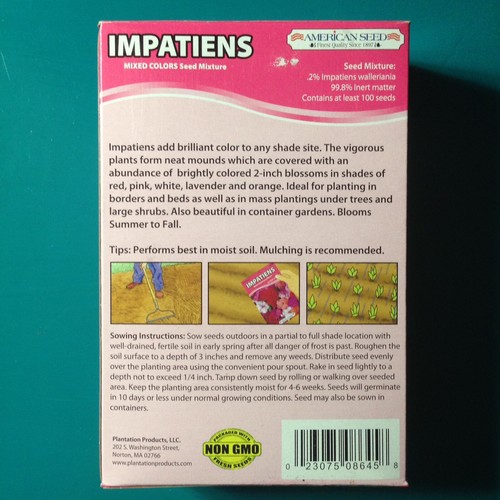 Impatiens Mixed Colors Seed Mixture 2oz each 25sq ft by American Seed 2 boxes