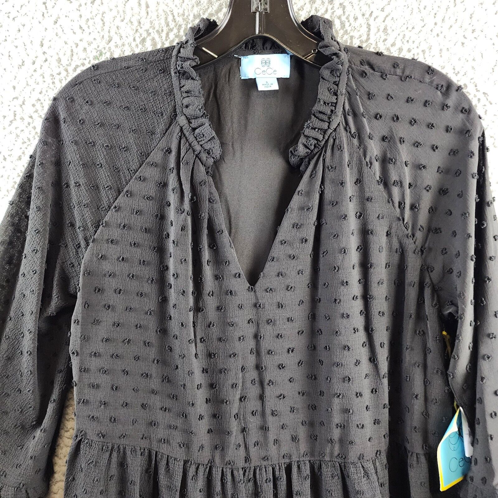 CeCe Clip Dot Ruffled Mini Dress Women's S Black V-Neck Long Sleeve Pullover - Picture 4 of 14