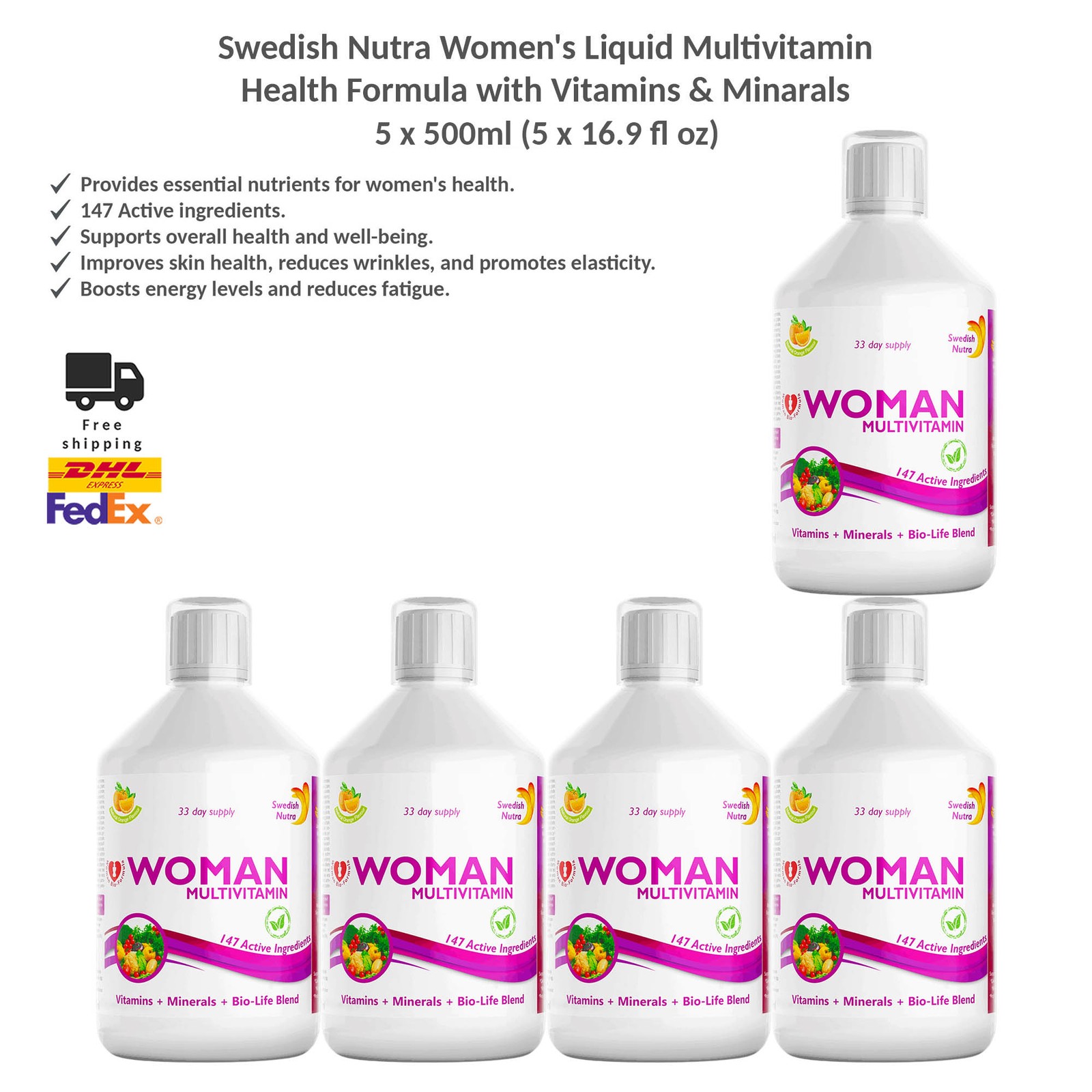 Swedish Nutra Liquid Multivitamin for Women Hair, Skin, Immune Support 5x500ml