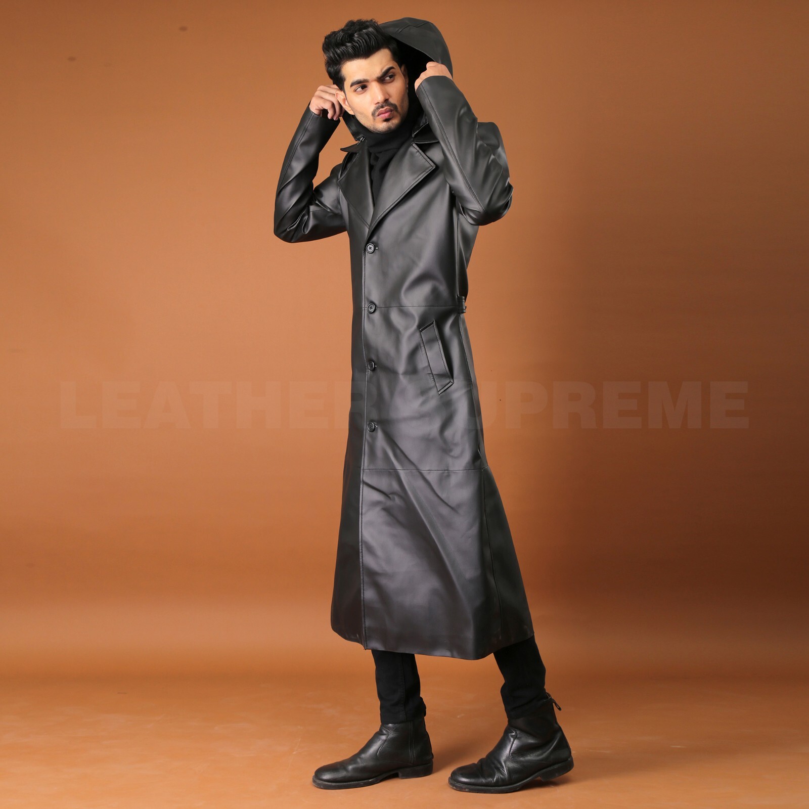 Pre-owned Supreme Men Black Long Hooded Coat For Men Leather Long Trench Coat Duster Coat