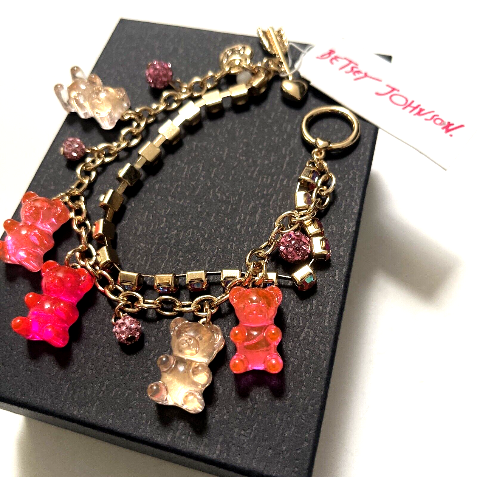 New BETSEY JOHNSON Layered Gummy Bears Bracelet Charm Pink Glass Rhinestones eBay