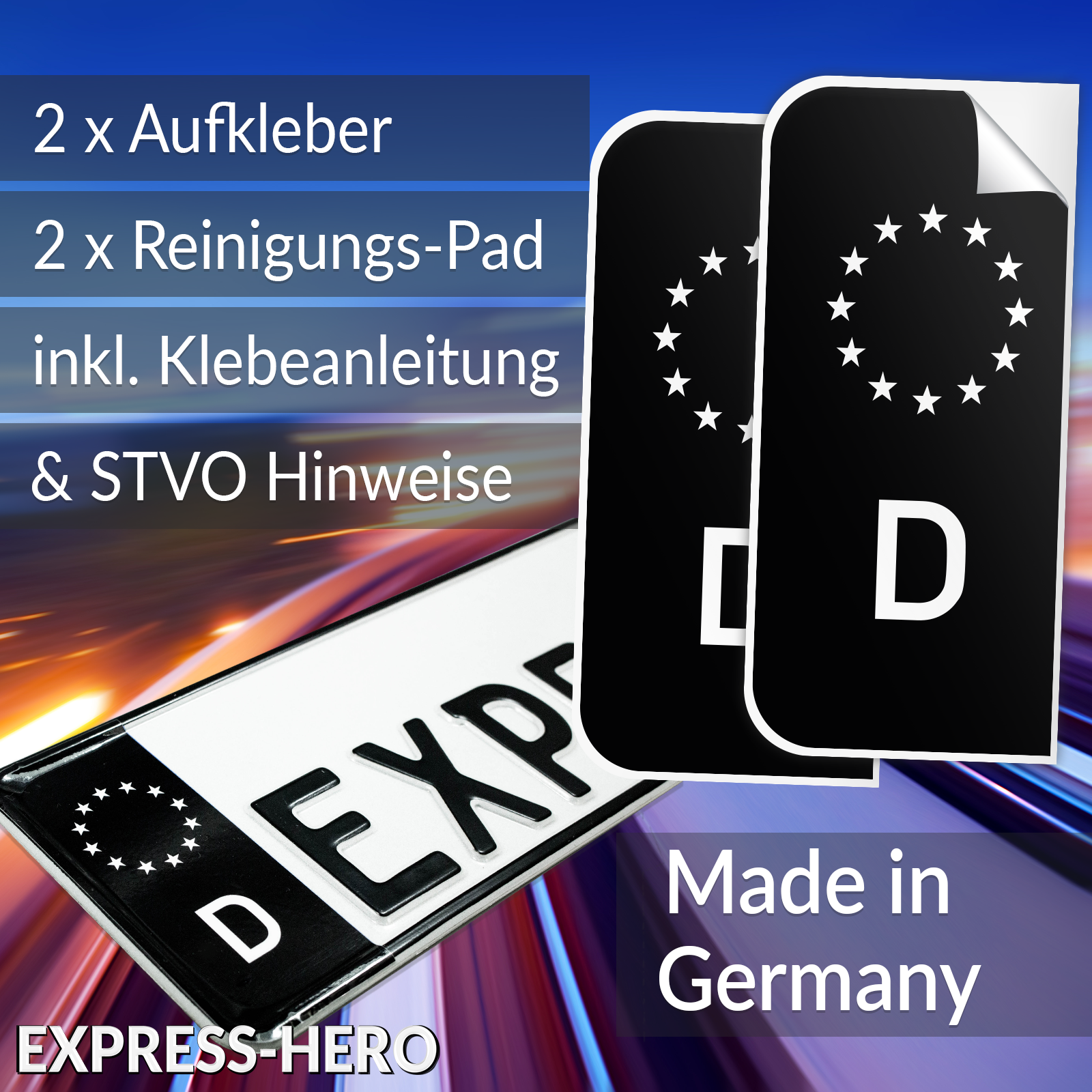 2x Kennzeichen Aufkleber Schwarz Nummernschild EU Feld Blau D Sticker Set Tuning