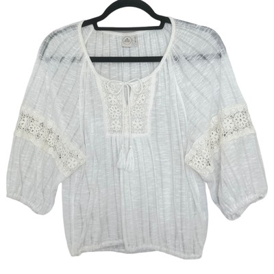 Paper Crane Floral Crochet Boho Top Blouse Short Sleeve Shirt White S NWOT
