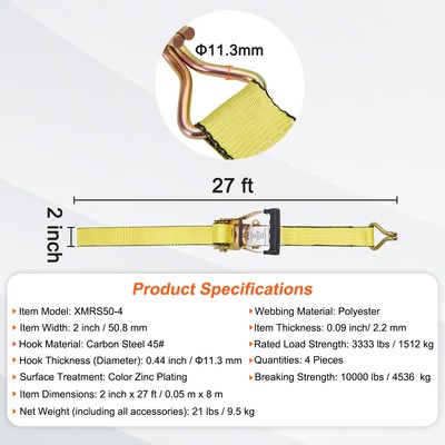 VEVOR 4 Pack Ratchet Tie Down Straps 10000 lbs 2" x 27' Heavy Duty Double J Hook