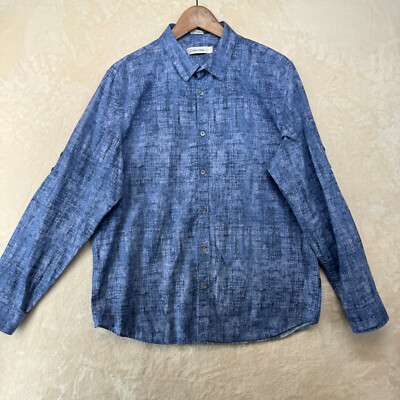Calvin Klein Men Size L Blue Watercolor Tuck Long Sleeves Casual Shirt