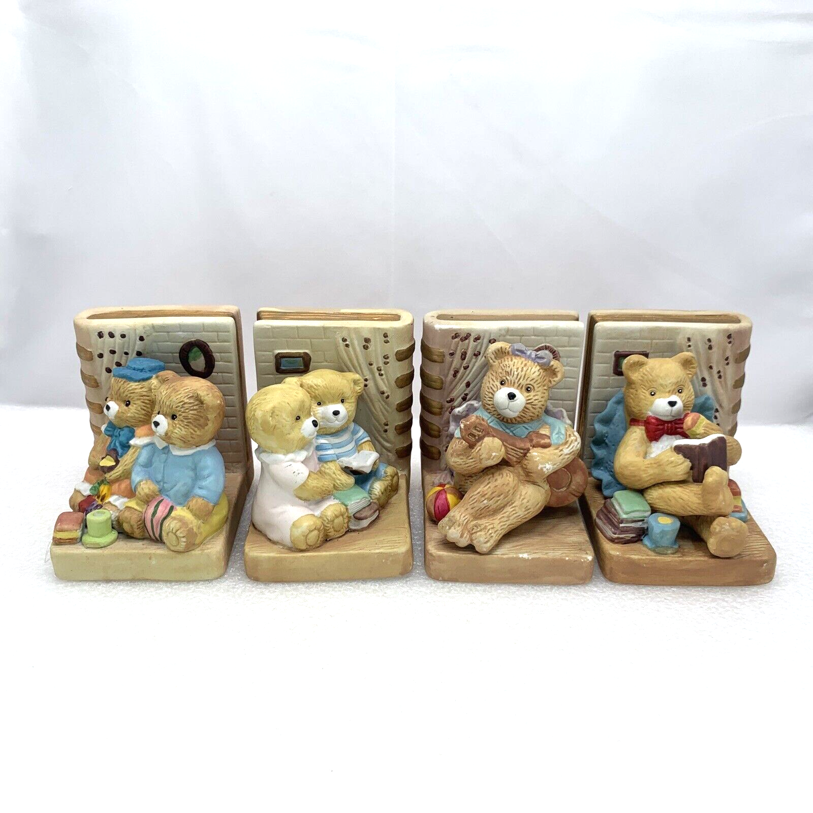 Teddy Bear Family Hand Painted Ceramic Bookends Set (4), Vintage Nursery Decor