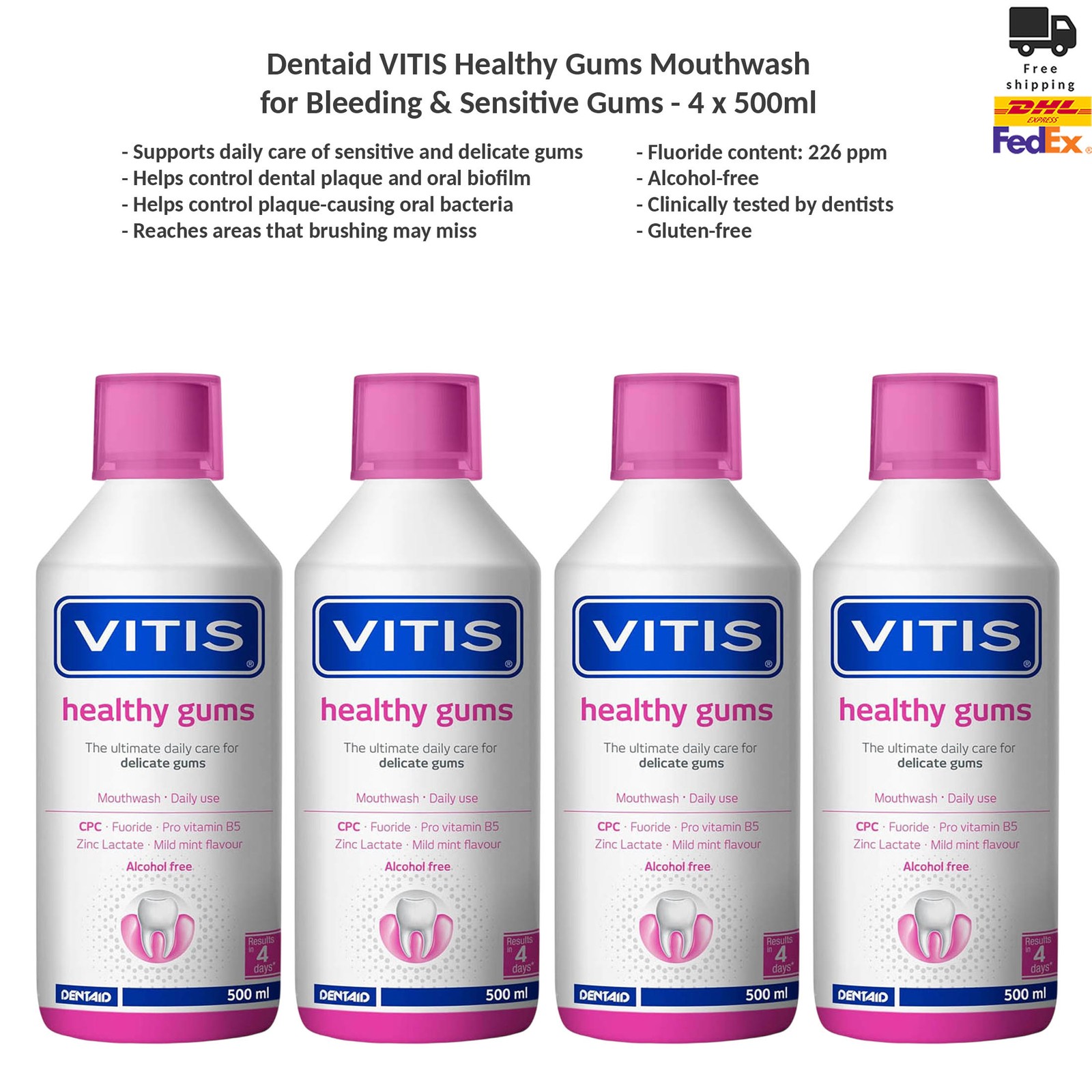 4x Dentaid VITIS Healthy Gums Mouthwash for Bleeding & Sensitive Gums 500ml