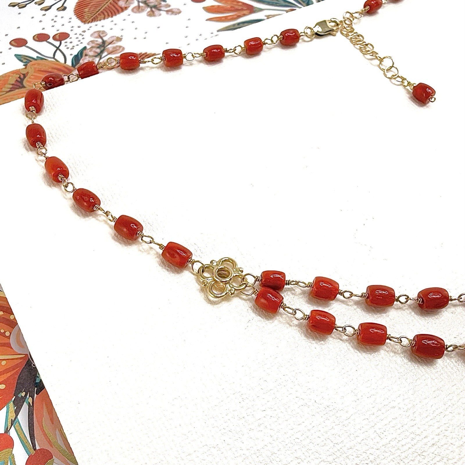 14k Yellow Gold Mediterranean Red Coral Handcrafted Necklace, 18.25-19.75
