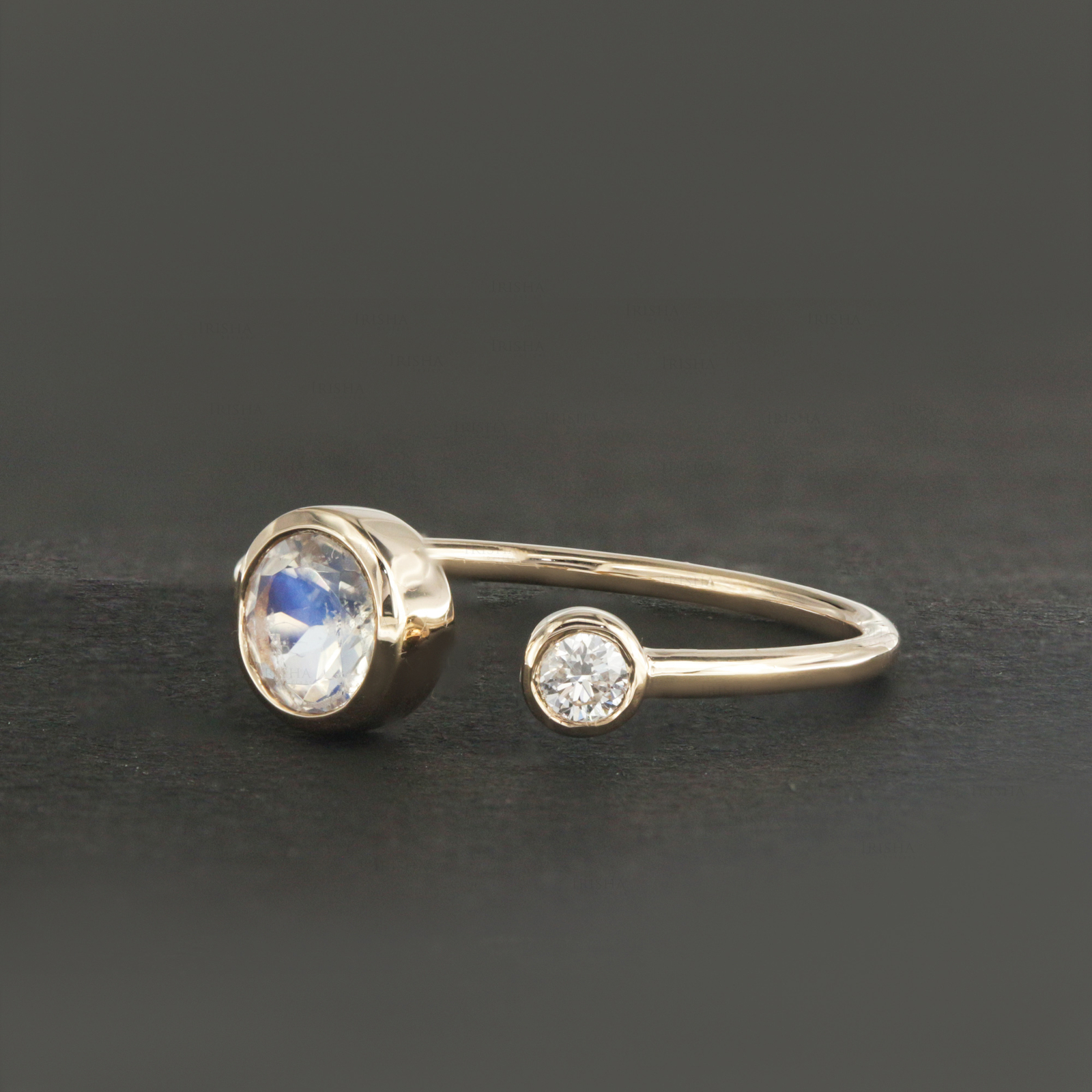 14k Yellow Gold Dreamy Moonstone and Diamond Open Cuff Ring Fine Jewelry - Picture 4 of 7