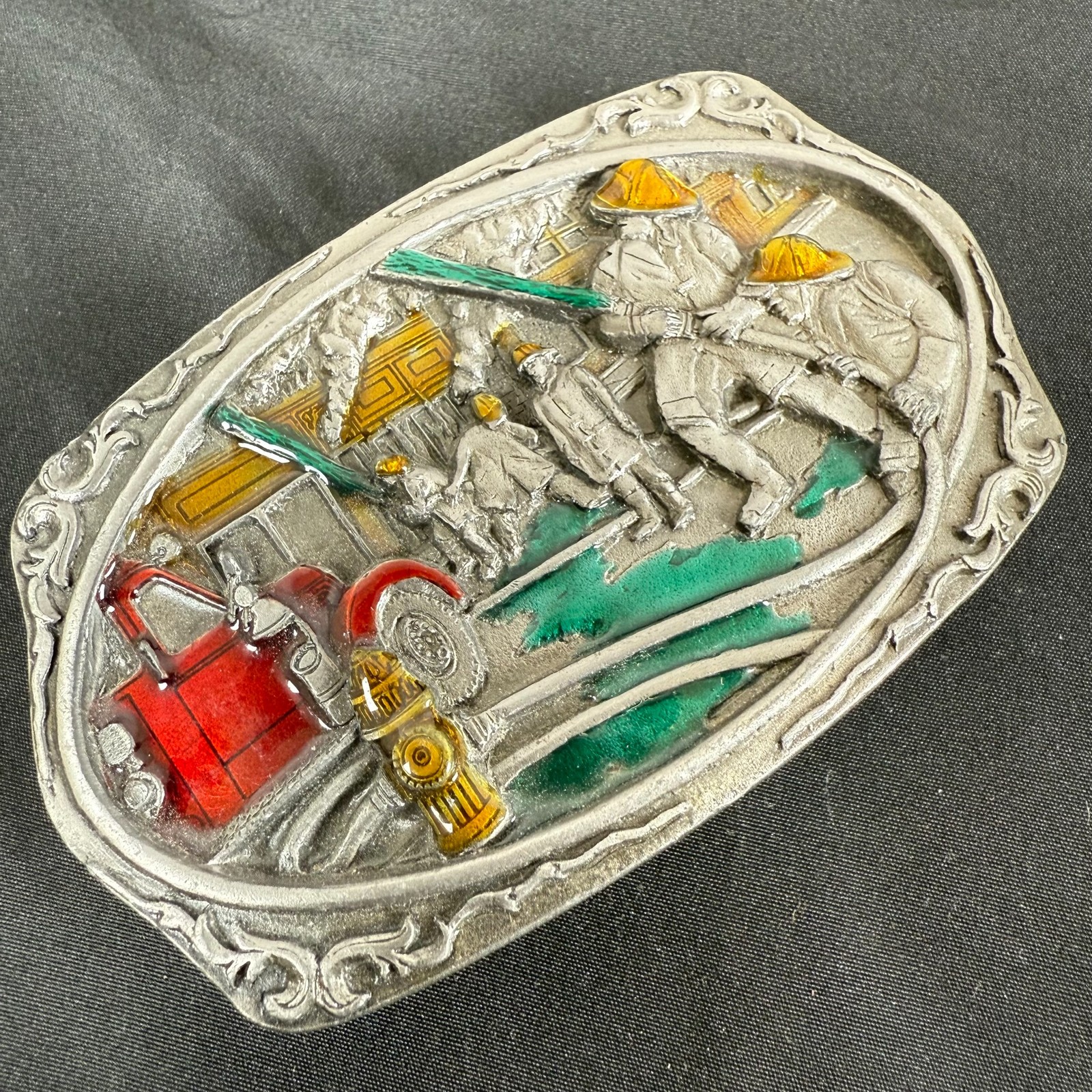 Vintage 90s C&J Firefighters At Work Belt Buckle Colored Enameled 3.5" Made USA
