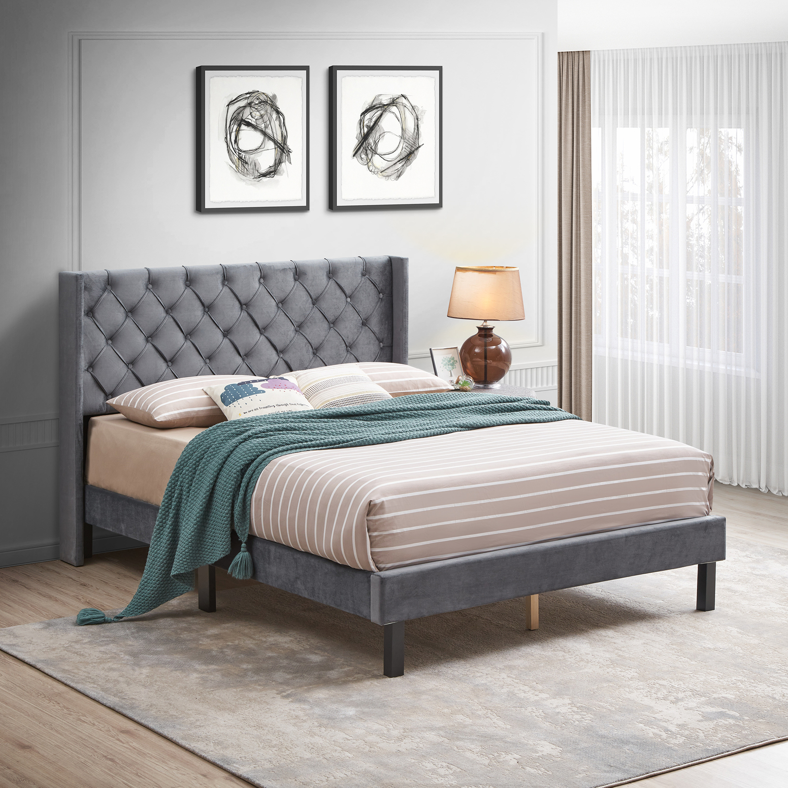 Velvet Button Tufted-upholstered Bed With Wings Design Gray