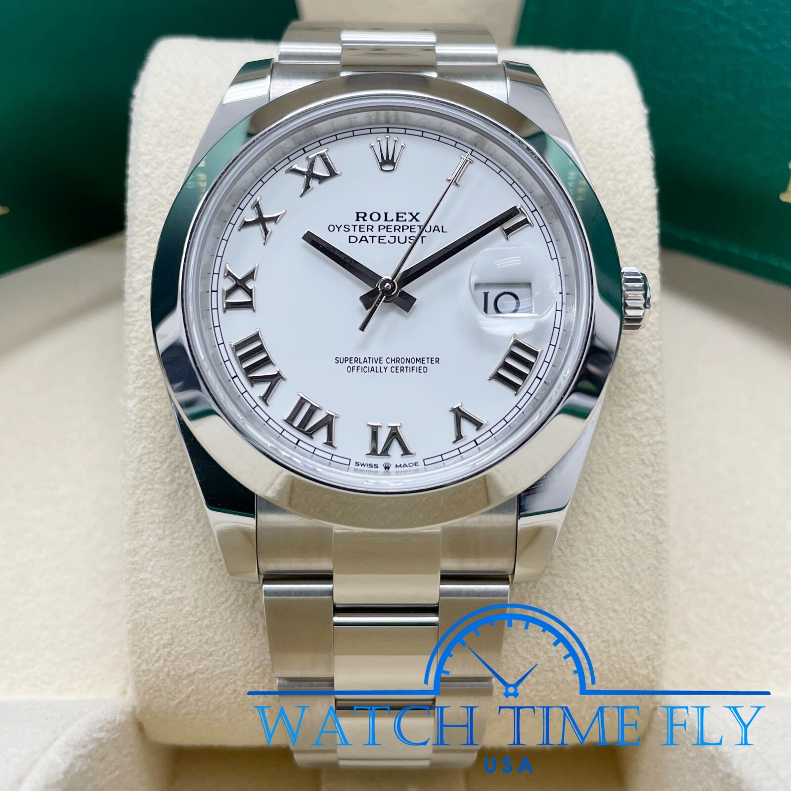 Pre-owned Rolex Datejust 41mm 126300 White Roman Oyster Bracelet Stainless Smooth Bezel