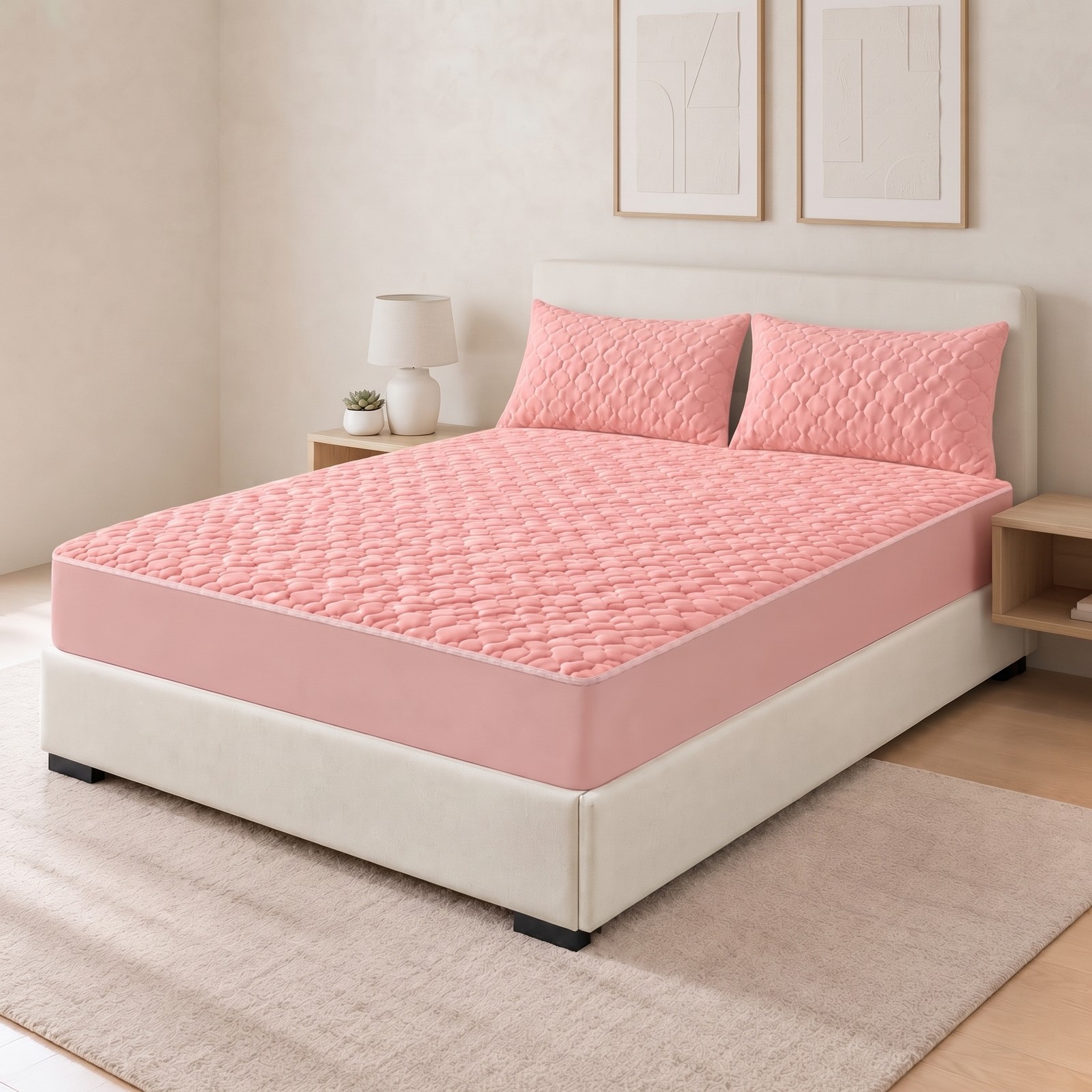 SOGA 183cm Pink Quilted Fleece Mattress Cover Set with Pillow Covers