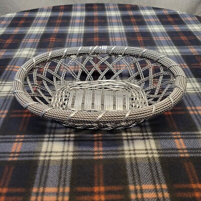 Vintage Silver Braided Woven Metal Oval Bread Basket Lattice Made in India 11.5''