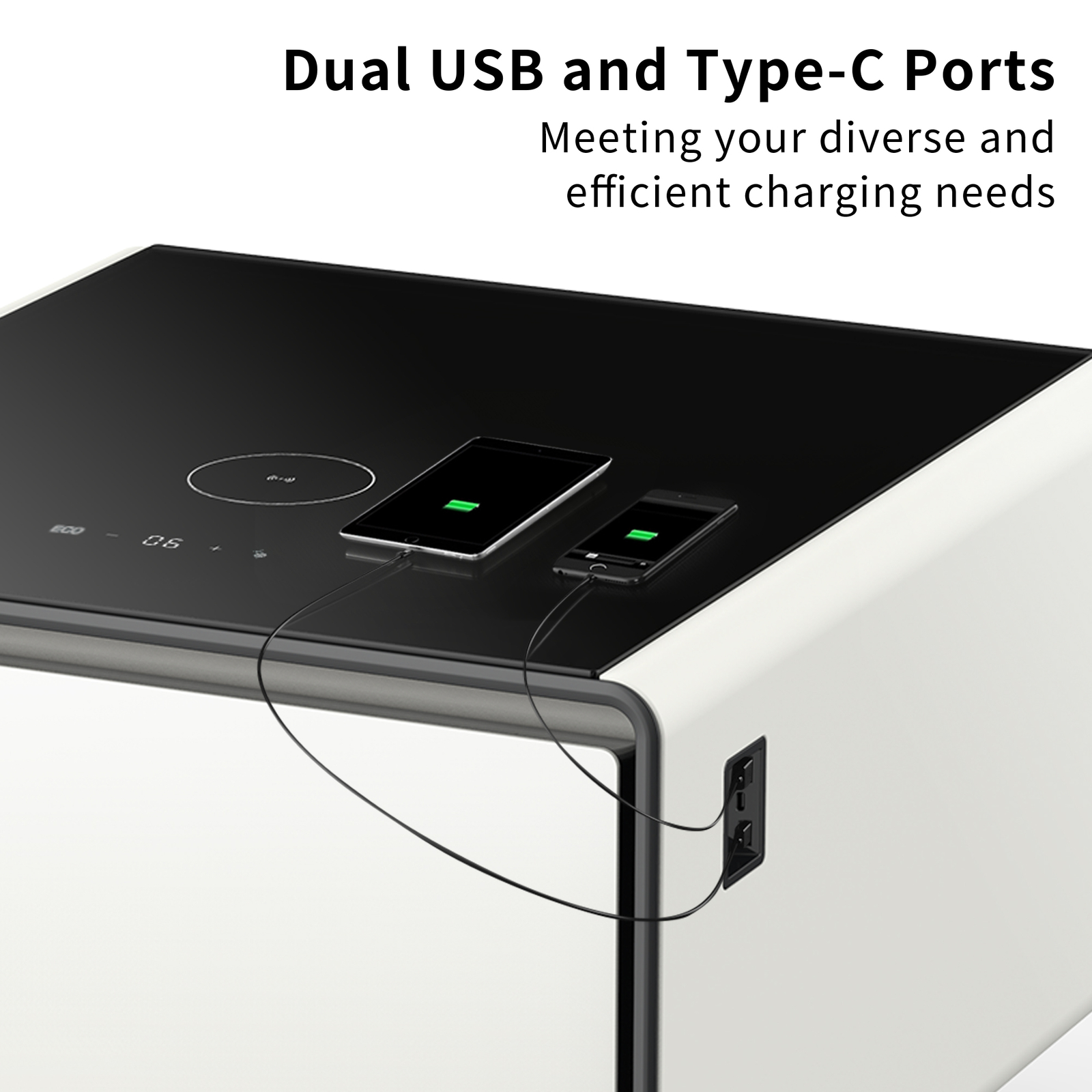 Smart Side Table Nightstand+ Built-in Fridge Wireless Charging/Speaker/LED White