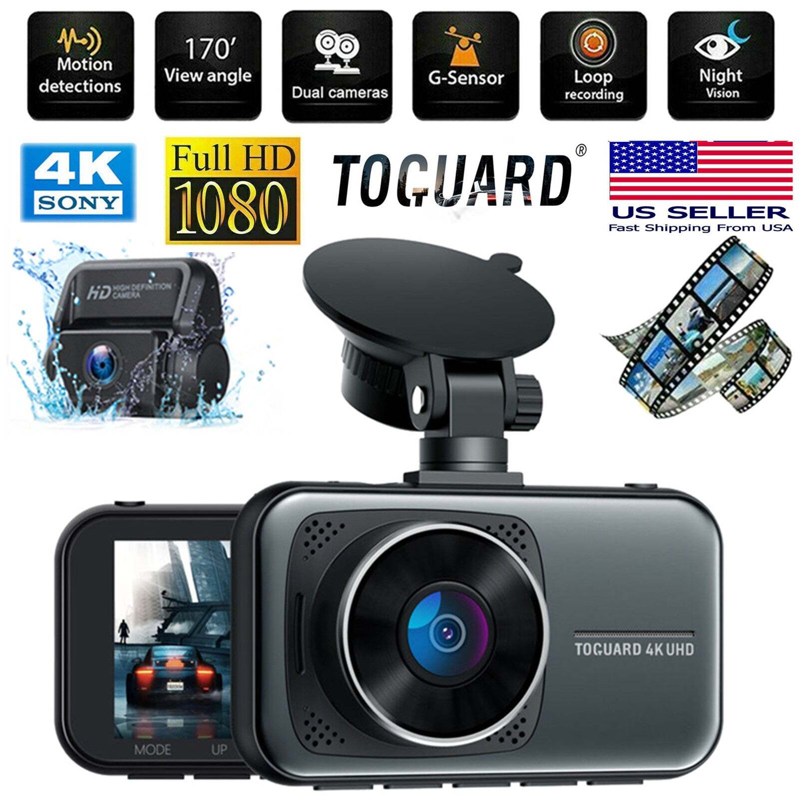 TOGUARD 4K Dual Dash Cam UHD 2160P+1080P Front Rear Car Came