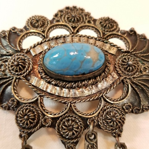 Turquoise Art Glass Cabochon Coin Silver 900 Cannetille Brooch Pin Antique