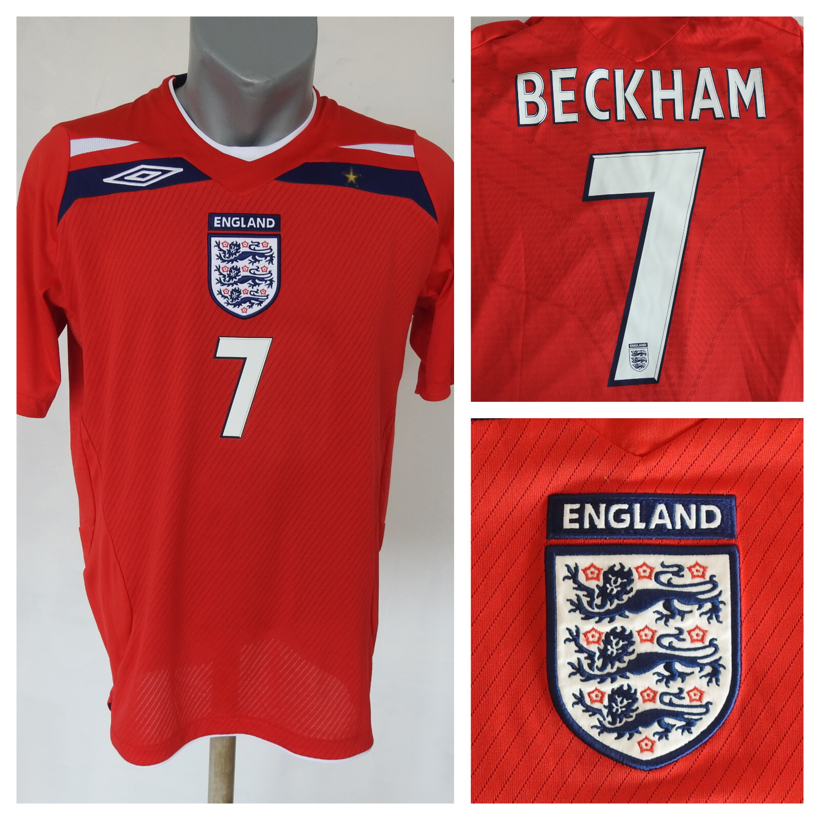 BECKHAM 7番 UMBRO シャツ 赤 長袖 1999-01 England Away L/S Shirt Beckham #7 - 8/10 - (L)