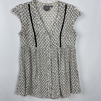 VANESSA VIRGINIA Anthropologie Babydoll Top Womens Sz XS Cream Black Print VNeck