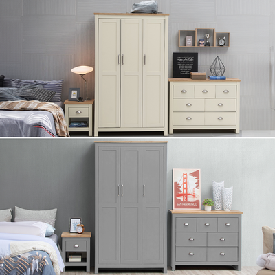 Bedroom Set 3 Door Wardrobe 3+4 Drawer Chest Bedside Oak Effect Top