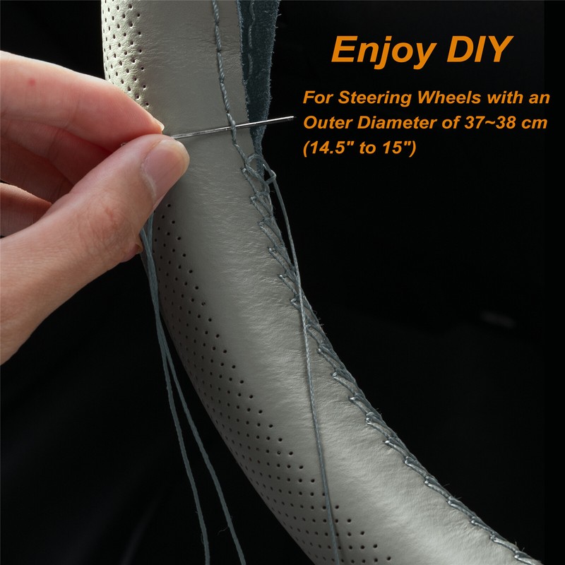 15'' Grey Genuine Leather DIY Car Steering Wheel Cover Breathable Anti-slip &