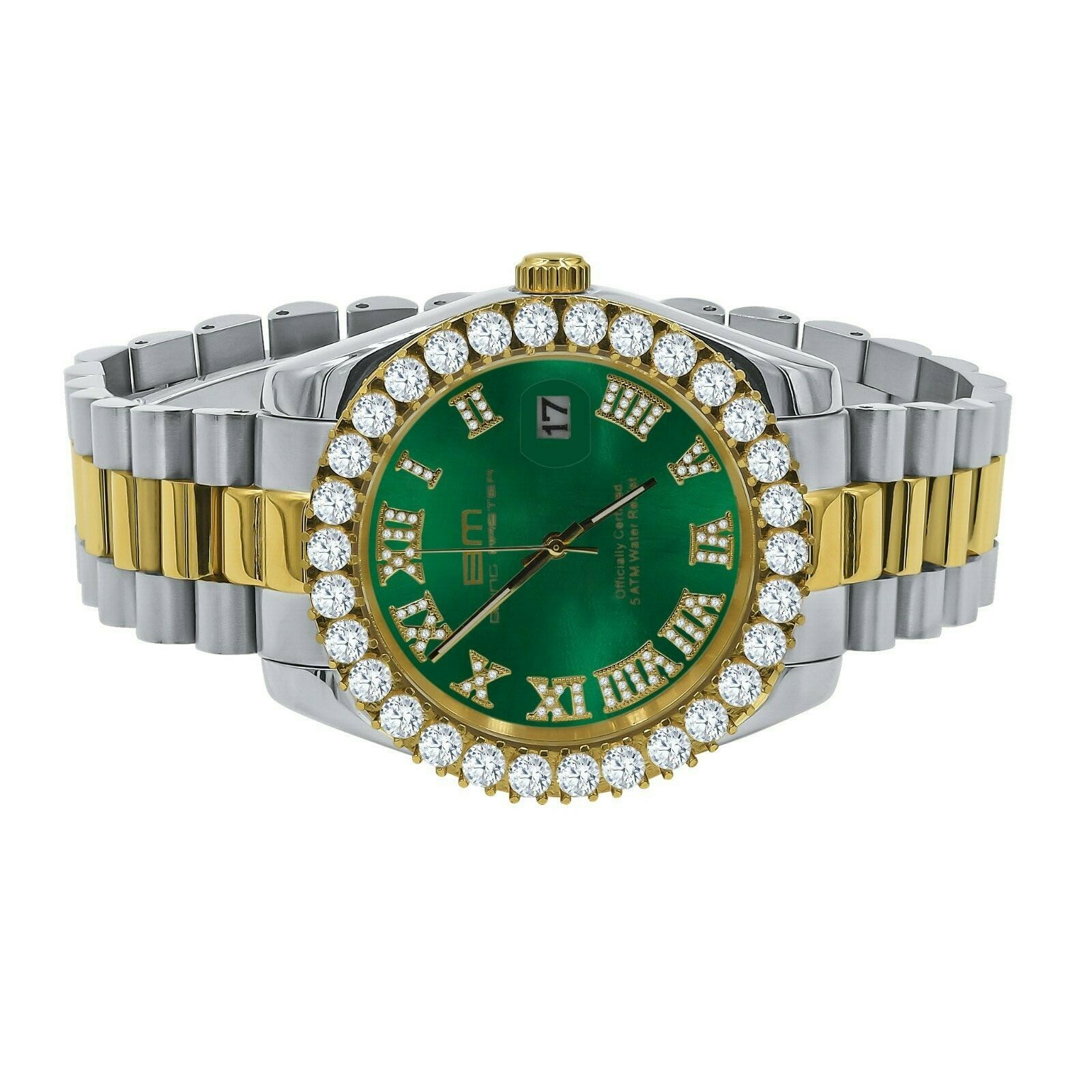 Pre-owned Bling Master - Overlord Solid Steel Green Dial 18k 2 Tone Gold Simulated Diamond Presidential Mens Watch