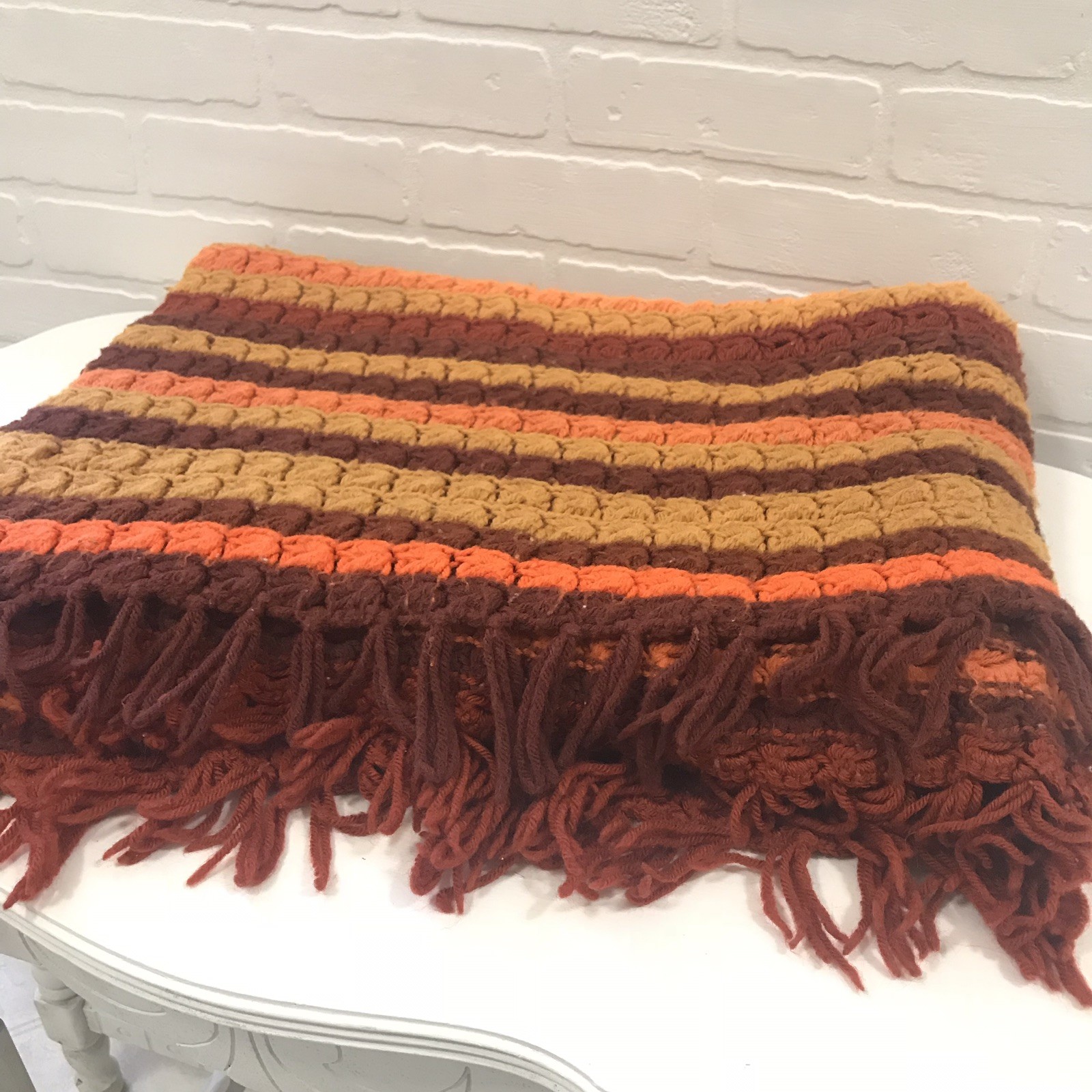 Vintage Hand Crocheted Granny Afghan Blanket Throw Orange Rust Gold