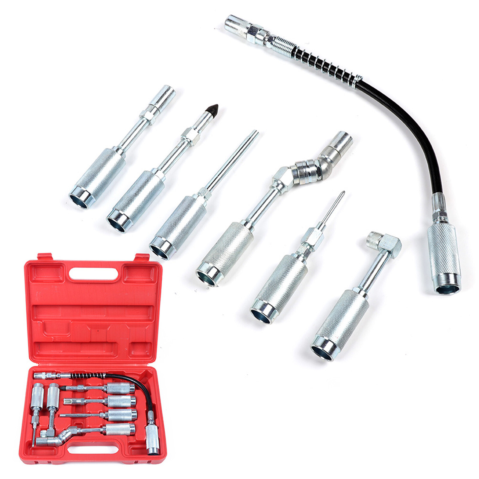 7pcs Grease Gun Accessory Kit, Including 3 Grease Nozzle 1 Needle Dispenser Rubber Tip Joint Nipple Straight Elbow Fitting Adapter Coupler Small Confined Spa