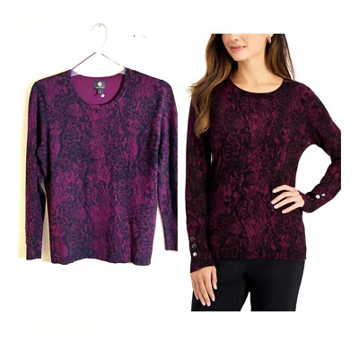 JM Collection Women M Red Magenta Rayon Python Print Buttoned Cuff Sweater NEW