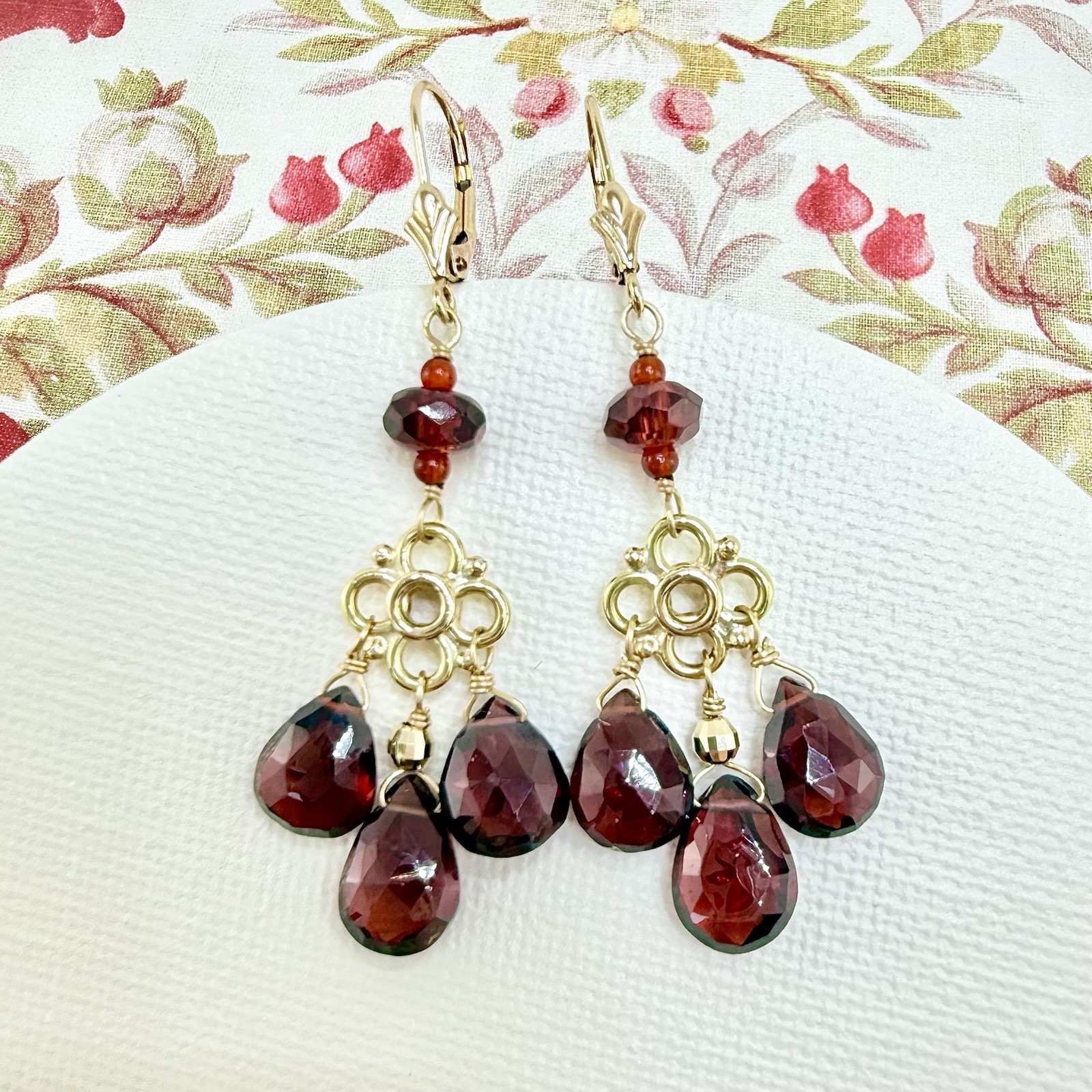 14k Yellow Gold Genuine Garnet Chandelier Dangle/Drop Earrings, New, 2.10