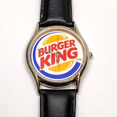 Vintage Burger King wrist watch Quartz analog 34mm silvertone black leather runs