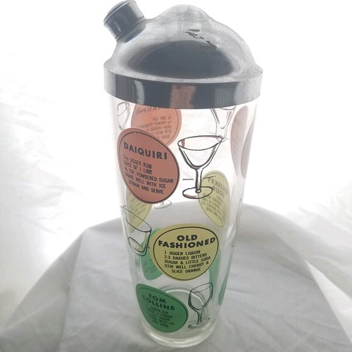 Vintage Mid-Century GLASS COCKTAIL MIXER SHAKER with METAL LID & Recipes