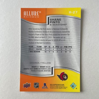 2021 Upper Deck Allure #R-27 Shane Pinto Rainbow Orange-Yellow