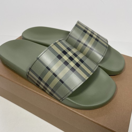 Pre-owned Burberry Nwb  Furley Men Rubber Slip On Slides Sandal Check Army Green Sz 10us/43