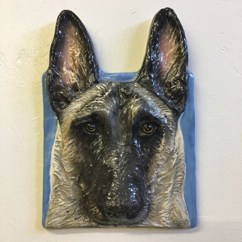 Belgian Malinois Dog Tile Handmade 3D Pet Portrait Ceramic Sondra Alexander Art