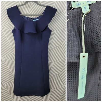 New She Sky size Small Party Dress Waffle Knit Asymmetric Navy Blue career